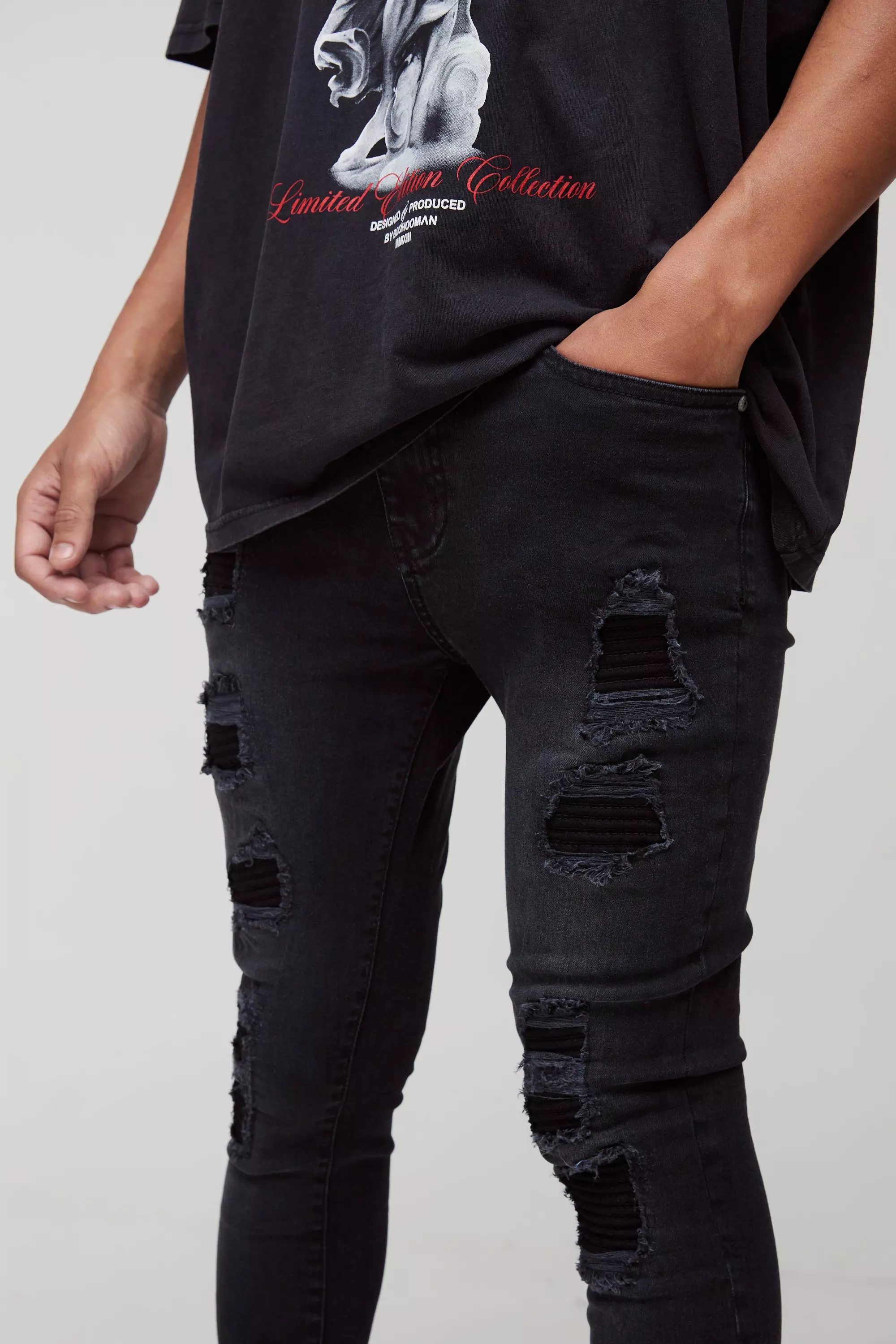 マーベリック Super Skinny Stretch Biker Rip & Repair Jeans | boohooMAN USA